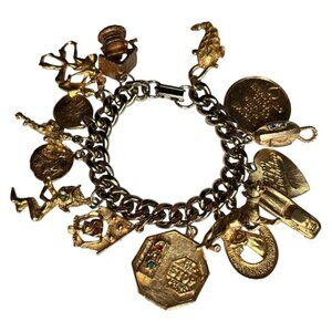 Vintage CHUNKY 1960s Charm Bracelet HOBCO 15 Charms 2 Toned Loaded 116 g Signed